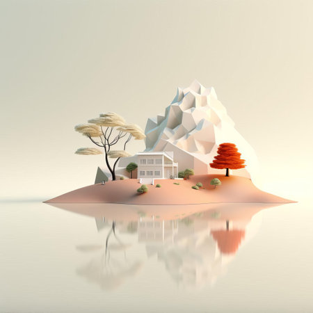 mountainous landscape stretches across the horizon, simplified to its essence in a stunning minimalist 3d rendering, evoking a sense of serenity and calmness, with gentle hills, sparse trees, and a vast expanse of sky, perfect for nature lovers and fans of modern digital art. ai generatedの素材