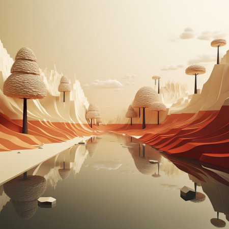 mountainous landscape stretches across the horizon, a serene minimalist 3d scene featuring rolling hills, sparse trees, and a vast blue sky, evoking a sense of calmness and tranquility, perfect for wallpapers, digital art, and relaxation inspiration. ai generatedの素材