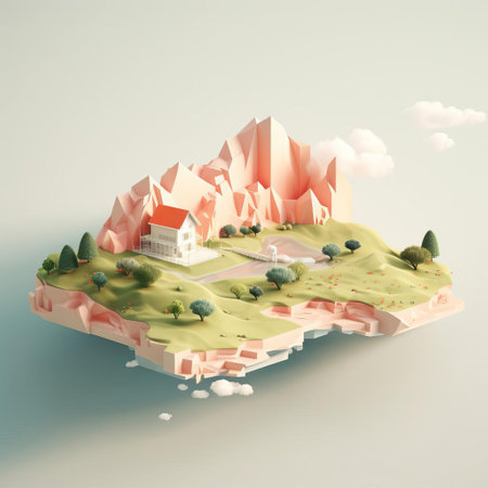 mountainous landscape unfolds as a minimalist 3d rendering, showcasing serene hills, tranquil valleys, and majestic peaks, evoking a sense of calmness and simplicity, perfect for digital art enthusiasts and fans of modern design, 3d visualization, and scenic beauty. ai generatedの素材