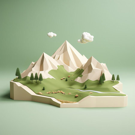 mountainous landscape stretches across the horizon, showcasing a serene and peaceful atmosphere, as a minimalist 3d rendering emphasizes simplicity and elegance, with subtle textures and muted colors, evoking a sense of calmness and tranquility, perfect for digital art enthusiasts and nature lovers alike. ai generatedの素材