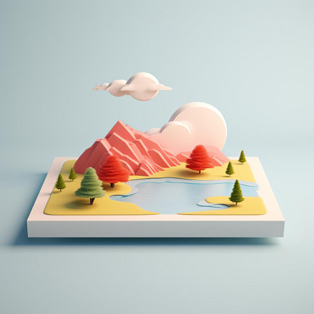 mountainous landscape stretches across the horizon, simplified to its essence in a stunning minimalist 3d rendering, evoking a sense of serenity and calmness, with gentle hills, sparse trees, and a vast, open sky, perfect for nature lovers and fans of modern digital art. ai generatedの素材