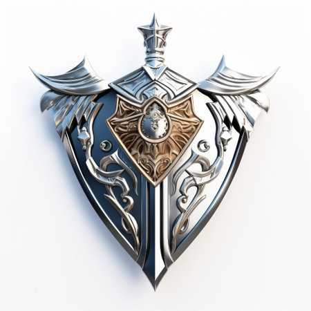the medieval argent shield sword stands proudly against a pristine white background, its intricately designed 3d details and metallic sheen evoking a sense of ancient valor and chivalry, perfect for fantasy and historical art, gaming, and decorative designs. ai generatedの素材
