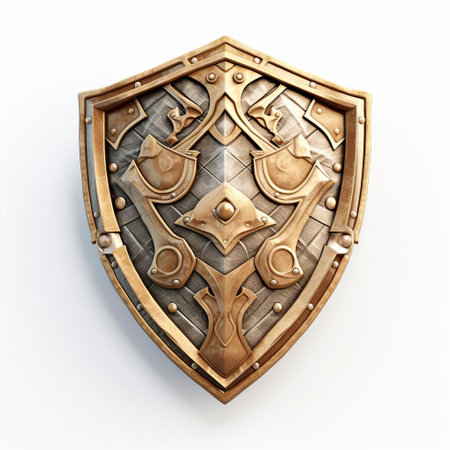 the mighty 3d warrior stands proudly, grasping a gleaming sword and shield, set against a crisp white background, evoking a sense of strength, courage, and ancient battle-ready valor, perfect for fantasy and medieval-inspired digital art and design projects. ai generatedの素材