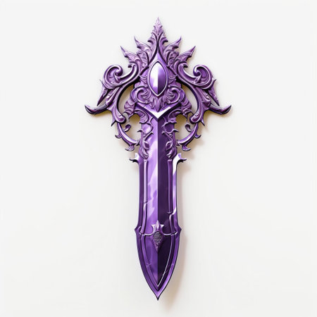 the sword, a majestic 3d purple shield sword, stands proudly against a pristine white background, its intricate details and metallic sheen captivating the viewer, evoking a sense of power and protection, perfect for fantasy and medieval-themed designs, digital art, and gaming inspirations. ai generatedの素材