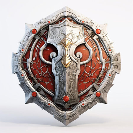 a mighty 3d warrior stands proudly, grasping a gleaming sword and shield, set against a crisp white background, evoking a sense of strength, courage, and medieval valor, perfect for fantasy and gaming enthusiasts, or as a symbol of protection and defense in digital art and design. ai generatedの素材