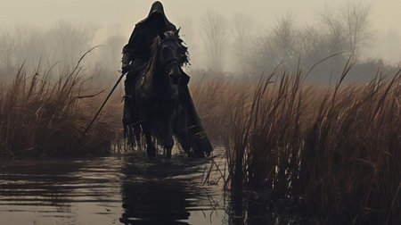 the mysterious black magick knight stands tall in the eerie fen, surrounded by twisted trees and misty fog, evoking a sense of dark fantasy and ancient mysticism, as if conjured from a medieval legend, exuding an aura of power and foreboding in this hauntingly beautiful landscape. ai generatedの素材