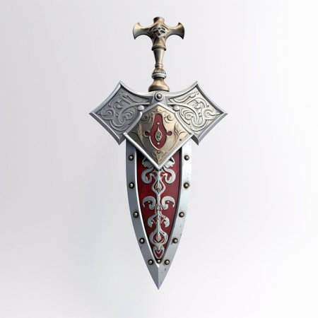 the valiant shield sword stands proudly against a crisp white background, its intricately designed 3d details and metallic sheen capturing the essence of medieval valor, evoking feelings of chivalry and honor, perfect for fantasy and historical art enthusiasts and gamers alike. ai generatedの素材