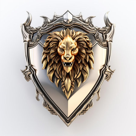 the lion's head is set against a shield, which is adorned with an ornate border featuring pointed tips and a striking contrast between silver and gold hues, evoking the grandeur of medieval heraldry while incorporating modern elements that exude sophistication, elegance, and refinement in this majestic crest design. ai generatedの素材