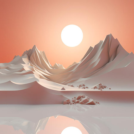 mountainous landscape stretches across the horizon, simplified to its essence in a stunning minimalist 3d representation, evoking a sense of serenity and calmness, with gentle hills and valleys unfolding into the distance, perfect for nature lovers and fans of modern digital art. ai generatedの素材