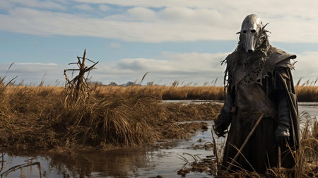 the sandman knight stands vigilant in the eerie saltmarsh landscape, surrounded by twisted mangrove trees and misty fog, evoking a sense of mystical fantasy and medieval adventure, perfect for fans of dark mythology and folklore-inspired art. ai generatedの素材