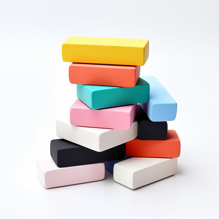 erasers, scattered randomly on a pristine white background, showcase their vibrant colors and various shapes, ranging from rectangular to circular, highlighting their functionality in correcting mistakes and creating artistic designs on paper. ai generatedの素材