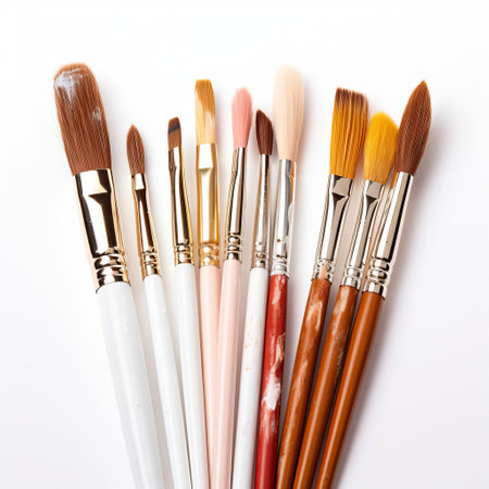 artistic acrylic brushes rest elegantly on a pristine white background, showcasing their vibrant colors and varied shapes, perfect for creating stunning paintings, abstract art, and decorative designs, ideal for artists, crafters, and diy enthusiasts seeking inspiration and creativity. ai generatedの素材