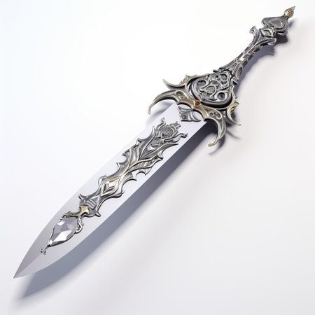 the 3d maduvu sword stands out against a crisp white background, its intricately designed hilt and blade showcasing exceptional craftsmanship, perfect for fantasy and medieval-themed designs, digital art, and 3d modeling projects, evoking a sense of power and sophistication. ai generatedの素材