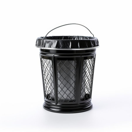 a dustbin sits prominently on a pristine white isolated background, its sleek design and vibrant colors popping against the neutral tone, perfect for illustrating waste management, recycling, and cleanliness concepts in a modern and stylish way. ai generatedの素材
