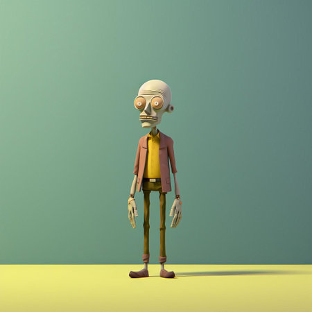 the minimalist 3d zombie character stands upright, showcasing its full body in a simplified yet eerie design, perfect for horror-themed animations, video games, or digital art projects, featuring a undead creature with a haunting presence in a low-poly aesthetic. ai generatedの素材