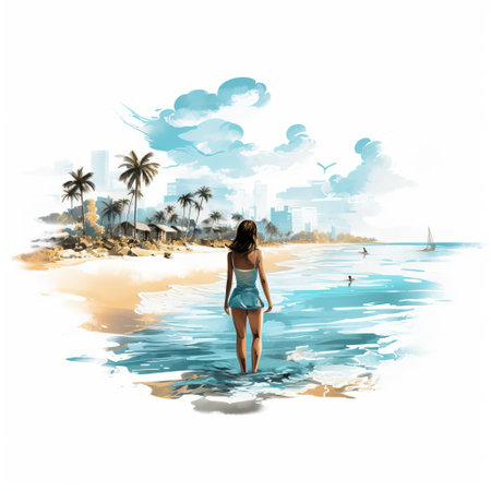 a serene woman stands alone on a tranquil 2d beach, her full body relaxed in a peaceful pose, isolated on a pure white background, evoking feelings of calmness and serenity, perfect for summer vacation, relaxation, and tropical getaway themes, ideal for advertising and commercial use. ai generatedの素材