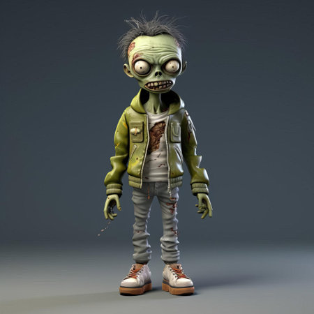 the undead minimalist 3d character, a zombie, stands upright, showcasing its full body in a simplified yet eerie design, perfect for horror-themed animations, video games, or digital art projects, evoking a sense of spooky atmosphere and post-apocalyptic scenery. ai generatedの素材