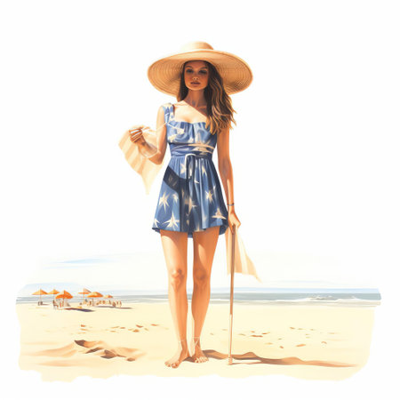 "a serene woman stands alone on a tranquil 2d beach, her full body pose exuding relaxation, against a crisp white isolated background, evoking feelings of calmness and serenity, perfect for summer vacation and travel-themed designs, conveying a sense of peaceful getaway and freedom.", ai generatedの素材