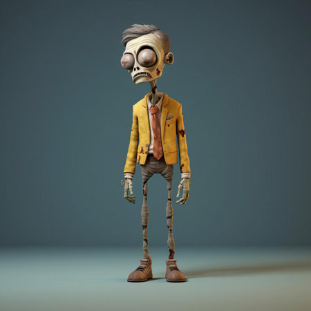 the undead minimalist 3d character, a zombie, stands upright with a gaunt full body, showcasing eerie simplicity in its design, perfect for horror-themed animations, video games, and digital art, evoking a sense of spooky minimalism and post-apocalyptic atmosphere. ai generatedの素材