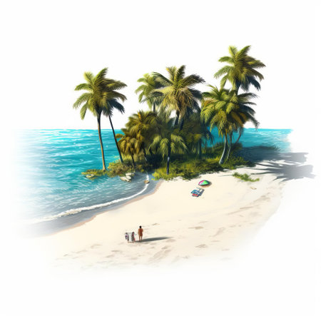 a serene woman stands on a tranquil 2d beach scene, depicted in a beautiful full-body illustration, isolated on a crisp white background, evoking feelings of relaxation and calmness, perfect for summer vibes, tropical getaways, and coastal escapes. ai generatedの素材