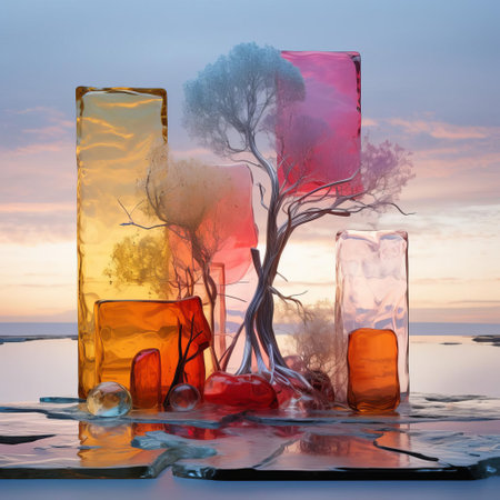 the glass palette of landscape artistry showcases a mesmerizing fusion of colors, blending earthy tones of green and brown with vibrant hues of blue and yellow, evoking a sense of serenity and wonder, perfect for nature-inspired art enthusiasts and landscape photography aficionados. ai generatedの素材