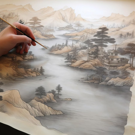 the delicate tracing paper sketch of a serene landscape features gentle rolling hills, majestic trees, and a meandering river, capturing the essence of nature's beauty, perfect for artists, designers, and nature enthusiasts seeking inspiration for their next creative project. ai generatedの素材