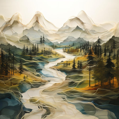 the artist's tape installation stands out against the serene backdrop of a breathtaking landscape, blending urban art with nature's beauty, as vibrant colors and geometric patterns contrast with the rolling hills and lush greenery of the scenic environment. ai generatedの素材