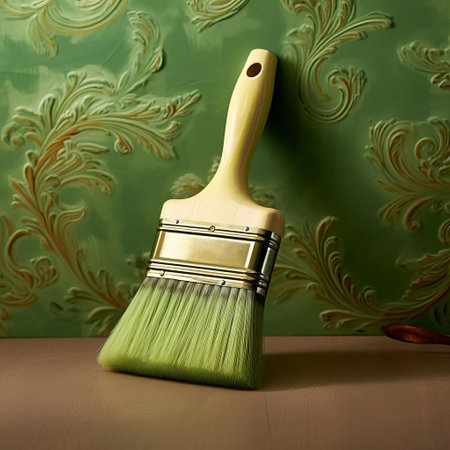 the brush cleaner, with its sturdy bristles and ergonomic handle, is specifically designed to effectively remove dirt and grime from green wallpaper, leaving a fresh and clean surface, perfect for any home or office interior design project. ai generatedの素材