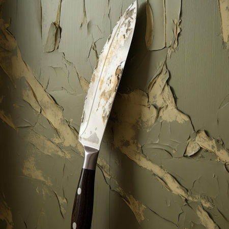 a rustic painting knife lies against a distressed khaki wallpaper, its worn wooden handle and metal blade telling the story of countless artistic endeavors, evoking a sense of nostalgia and creativity in this still life composition, perfect for art enthusiasts and home decor inspiration. ai generatedの素材