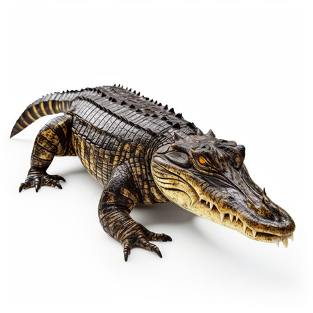 the caiman, a large reptile species, is showcased in stunning detail in this 3d render, set against a crisp white background, highlighting its scaly skin, powerful jaws, and ancient eyes, evoking a sense of prehistoric wonder and fascination with the natural world of wildlife and animals. ai generatedの素材