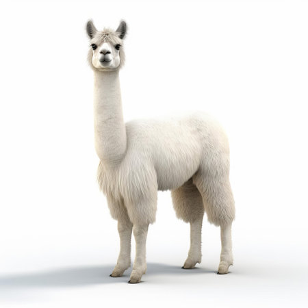 the llama, a majestic andean camelid, stands proudly against a crisp white background in this stunning 3d render, showcasing its soft fur, gentle eyes, and distinctive banana-shaped ears, perfect for animal lovers and graphic designers seeking high-quality digital art. ai generatedの素材