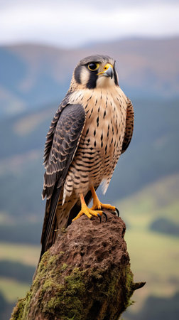 the falcon, with its sleek feathers and sharp talons, perches regally on a branch overlooking a serene landscape, its piercing gaze scanning the horizon for its next prey, set against a backdrop of rolling hills and lush green forests on a sunny day. ai generatedの素材