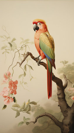 the parrot perched on a branch in a serene landscape, surrounded by lush green trees and vibrant flowers, showcasing its bright plumage and strong beak, a perfect capture of a tropical bird's habitat and natural beauty in the wild outdoors. ai generatedの素材