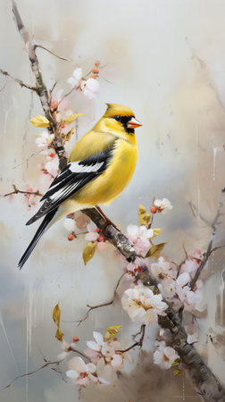 the goldfinch, with its vibrant yellow plumage and striking black wings, perches delicately on a slender branch, set against a serene landscape of lush greenery and soft, white clouds, capturing the essence of nature's beauty and tranquility in this stunning wildlife photography. ai generatedの素材