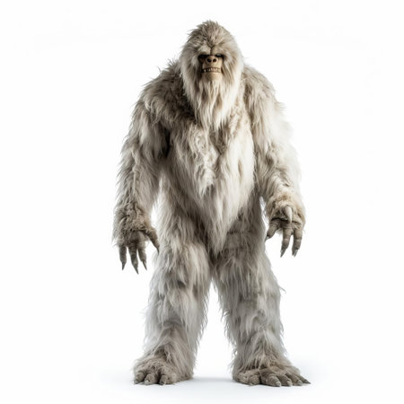 the yeti, a mythical creature, stands proudly in a full-body pose on a crisp white isolated background, showcasing its furry coat and mysterious gaze, evoking a sense of wonder and intrigue, perfect for fantasy and adventure enthusiasts, mythical beings, and folklore fans. ai generatedの素材