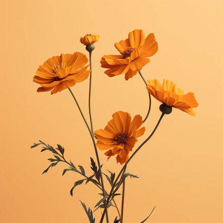 marigold flowers bloom vibrantly against a simple, minimal, and distressed vintage background, evoking a sense of rustic charm and warmth, perfect for adding a touch of nostalgia and elegance to any design or digital project, with its soft, muted tones and organic texture. ai generatedの素材
