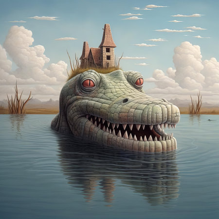 the crocodile, a prehistoric predator, lies camouflaged in the murky waters of the swamp, its scaly skin blending seamlessly with the surrounding vegetation, as the golden light of sunset casts an eerie glow, highlighting the ancient creature's primal beauty in this stunning wildlife photography. ai generatedの素材