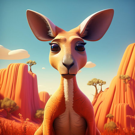 the kangaroo, majestically posed in a whimsical illustration reminiscent of evgeni gordiets' signature style, showcases its robust physique, strong hind legs, and distinctive pouch, set against a vibrant, dreamlike background, evoking a sense of australian outback wonder and wildlife charm. ai generatedの素材
