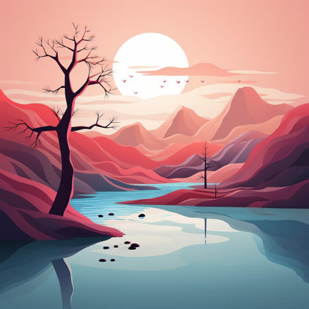mountain peaks rise majestically in the distance, set against a serene sky with soft, feathery clouds, in this stylized minimalist landscape photograph, evoking a sense of calmness and tranquility, perfect for modern home decor or office spaces, featuring nature-inspired simplicity and elegance. ai generatedの素材