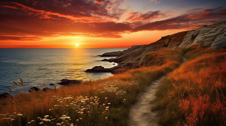 the rugged cliff stands tall, overlooking a serene oats field bathed in the warm, golden light of a breathtaking sunset, with the rolling hills and vast sky creating a picturesque landscape in the countryside of great britain. ai generatedの素材