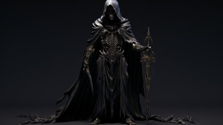 the grim reaper, a haunting figure in dark surroundings, stands tall in a full-body pose, its skeletal frame illuminated only by the faint moonlight, exuding an aura of mystery and foreboding, evoking feelings of mortality and the supernatural. ai generatedの素材