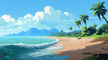 the beach scene illustration, rendered in vibrant 16-bit colors, transports viewers to a serene coastal haven, complete with swaying palm trees, gentle waves, and a warm sunset, evoking feelings of relaxation and tranquility, perfect for digital art enthusiasts and beach lovers alike. ai generatedの素材