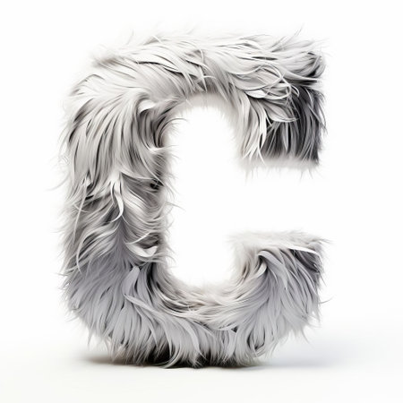 the elegant silver letter c, adorned with a soft furry texture, stands out against a pristine white background, evoking a sense of luxury and sophistication, perfect for design elements, typography, and modern art enthusiasts seeking unique visual inspiration. ai generatedの素材