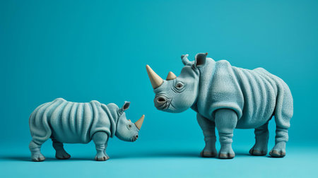 the rhinoceros toy, knitted in a vibrant blue hue, sits proudly against a matching blue background, its adorable features and soft texture making it a perfect companion for kids and adults alike, evoking feelings of nostalgia and playfulness in this charming still life photography. ai generatedの素材