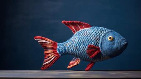 the fish toy, crafted from soft indigo knitted fabric, sits proudly against a rich indigo background, showcasing its vibrant blue hue and adorable fins, making it a perfect accessory for nursery decor or a cuddly companion for kids, evoking a sense of calm and serenity. ai generatedの素材