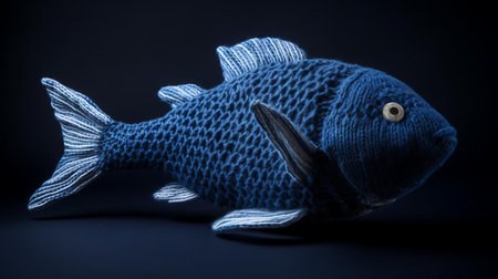 the fish toy, knitted in a deep indigo hue, sits serenely against a matching indigo background, showcasing its intricate stitching and adorable fins, perfect for nursery decor or as a cuddly companion for little ones, evoking a sense of calm and soothing aquatic charm. ai generatedの素材