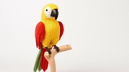 the parrot toy, crafted from soft ivory knitted material, sits elegantly against a serene ivory background, showcasing its vibrant plumage and playful demeanor, perfect for bird enthusiasts and toy collectors alike, evoking a sense of whimsy and nostalgia in this charming still life photography. ai generatedの素材