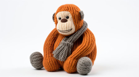 the adorable knitted orangutan toy sits proudly against a crisp white background, showcasing its intricate stitching and vibrant orange hue, perfect for a nursery or as a unique gift for any primate enthusiast, highlighting the art of handmade craftsmanship and attention to detail. ai generatedの素材