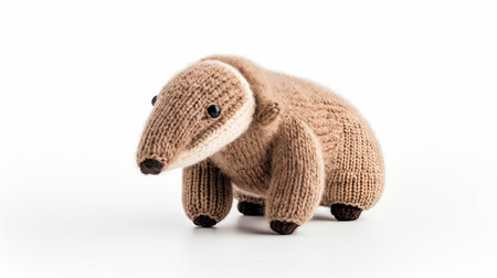 the adorable knitted anteater toy sits proudly on a pristine white background, showcasing its intricate stitching and soft, cuddly texture, perfect for little hands to hold and snuggle, making it an ideal gift for kids who love wildlife and handmade crafts. ai generatedの素材