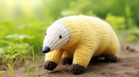 the adorable knitted anteater toy sits proudly on a pristine white background, showcasing its intricate stitching and soft, cuddly texture, making it a perfect gift for animal lovers and fans of handmade crafts, ideal for nursery decor or as a unique collectible item. ai generatedの素材